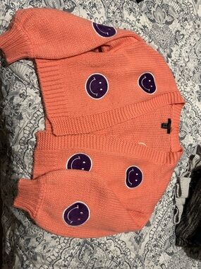 Coral Cropped Cardigan with Purple Smiley Patches